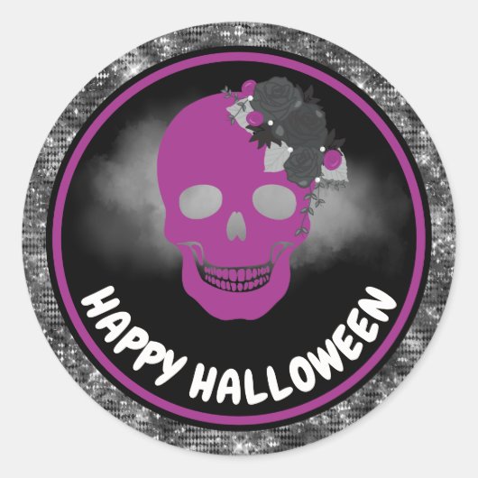 パープルフローラスカル&ブラックグリッターハロウィーン ラウンドシール (正面)