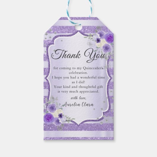 パープルフローラスパークルキンセアニェラ誕生日 ギフトタグ (正面)