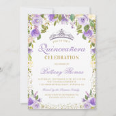 パープルフローラスパークルキンセアニェラ15誕生日 招待状 (正面)