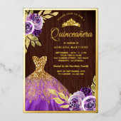 パープルフローラスパークルドレスウッドキンセアニェラ金ゴールド 箔招待状 (正面)
