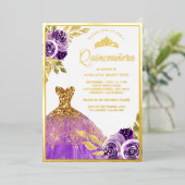 パープルフローラスパークルドレスキンセアニェラ金ゴールド 箔招待状 (立ち正面)