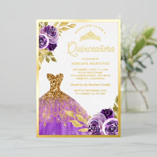 パープルフローラスパークルドレスキンセアニェラ金ゴールド 箔招待状 (立ち正面)