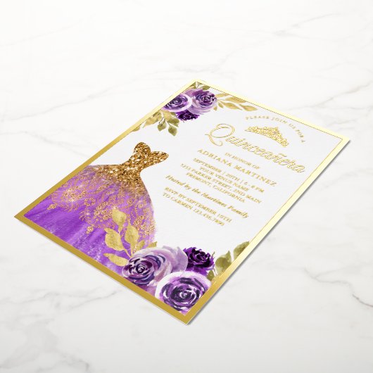 パープルフローラスパークルドレスキンセアニェラ金ゴールド 箔招待状 (回転した状態)