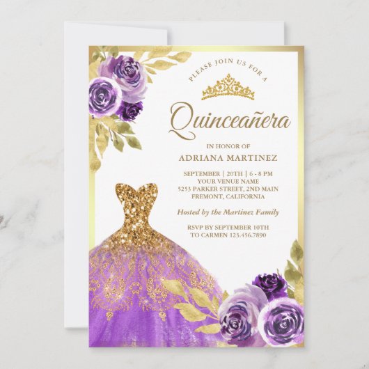 パープルフローラスパークルドレス金ゴールドキンセアニェラ 招待状 (正面)