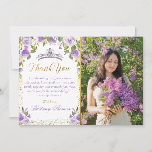 パープルフローラスパークル金ゴールドキンセアニェラ写真 サンキューカード (正面)