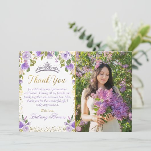 パープルフローラスパークル金ゴールドキンセアニェラ写真 サンキューカード (スタンド正面)