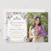 パープルフローラスパークル金ゴールドキンセアニェラ写真 招待状 (正面)