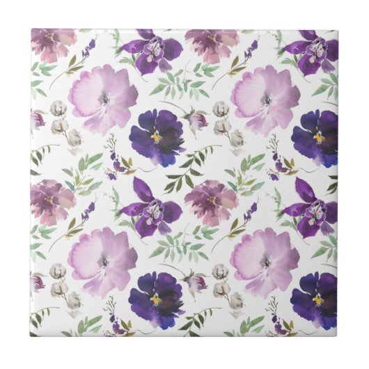パープルフローラセラミックタイル浴室用デコール タイル (正面)