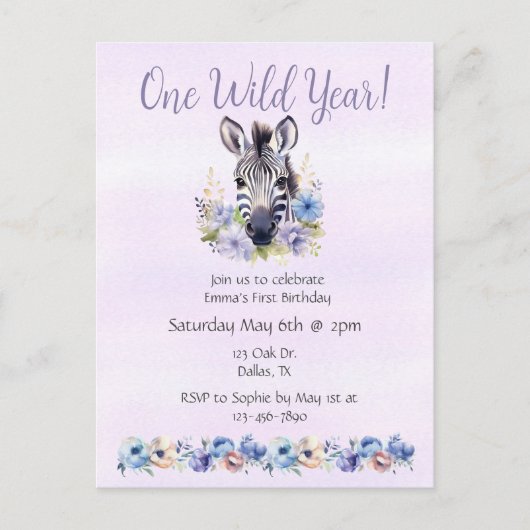 パープルフローラゼブラ誕生日 インビテーションポストカード (正面)