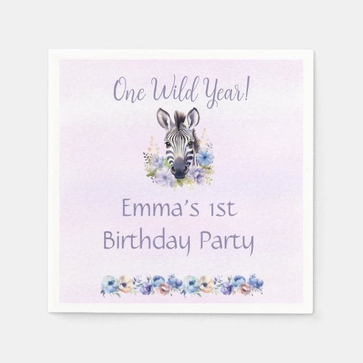 パープルフローラゼブラ誕生日 スタンダードカクテルナプキン (正面)