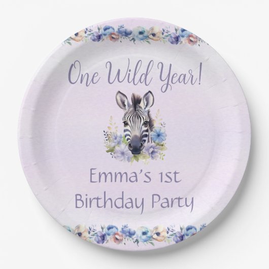 パープルフローラゼブラ誕生日 ペーパープレート (正面)