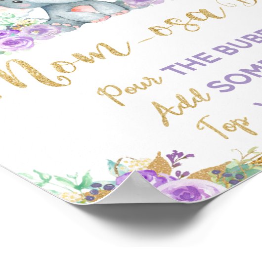 パープルフローラゾウ赤ちゃんシャワーモモモザバーサイン ポスター (角)