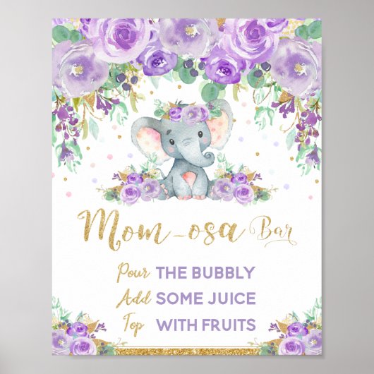 パープルフローラゾウ赤ちゃんシャワーモモモザバーサイン ポスター (正面)