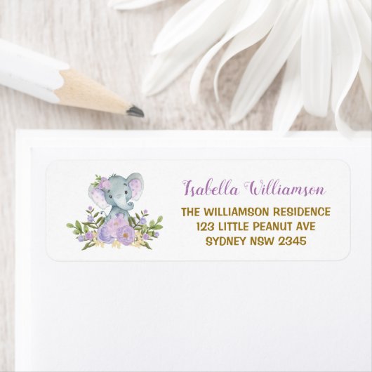 パープルフローラゾウ赤ちゃんシャワー住所 シール (インサイチュ)