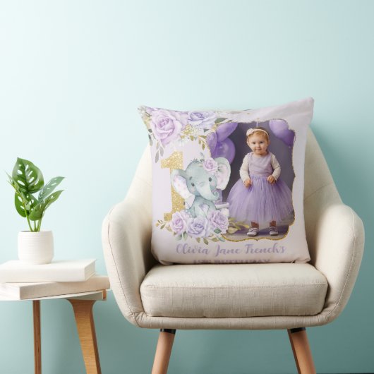 パープルフローラゾウ1歳の誕生日フォトキープサケ クッション (椅子)
