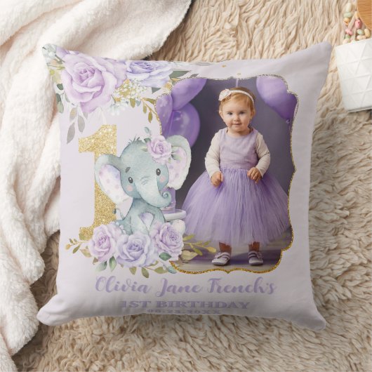 パープルフローラゾウ1歳の誕生日フォトキープサケ クッション (ブランケット)