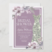 パープルフローラダイヤモンドドレスエレガントブライダルシャワー 招待状 (正面)