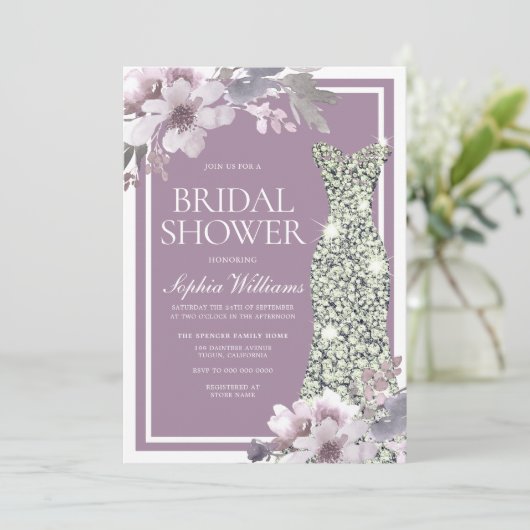 パープルフローラダイヤモンドドレスエレガントブライダルシャワー 招待状 (スタンド正面)