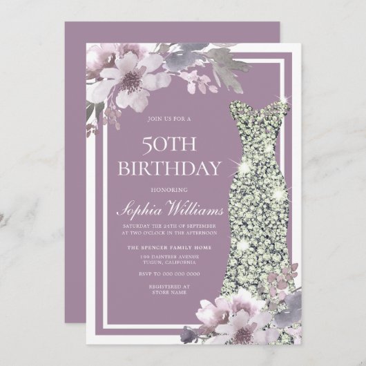 パープルフローラダイヤモンドドレス女性50誕生日 招待状 (正面/裏面)
