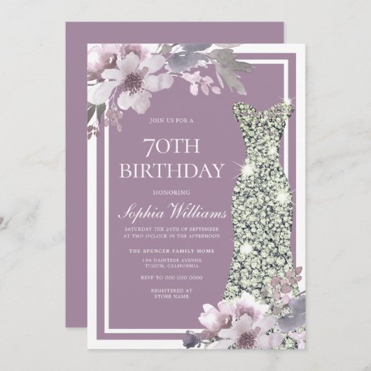 パープルフローラダイヤモンドドレス女性70誕生日 招待状 (正面/裏面)