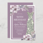 パープルフローラダイヤモンドドレス女性90誕生日 招待状 (正面/裏面)