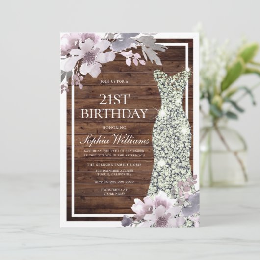 パープルフローラダイヤモンド素朴ドレス21歳の誕生日 招待状 (スタンド正面)