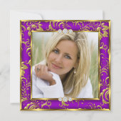 パープルフローラダマスクフォト金ゴールド誕生日パーティー 招待状 (裏面)