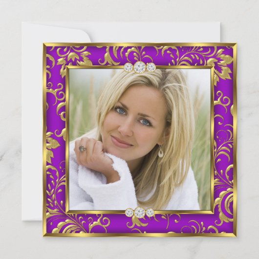 パープルフローラダマスクフォト金ゴールド誕生日パーティー 招待状 (裏面)