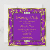 パープルフローラダマスクフォト金ゴールド誕生日パーティー 招待状 (正面)
