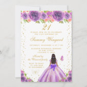 パープルフローラダークスキンプリンセス誕生日パーティー 招待状 (正面)