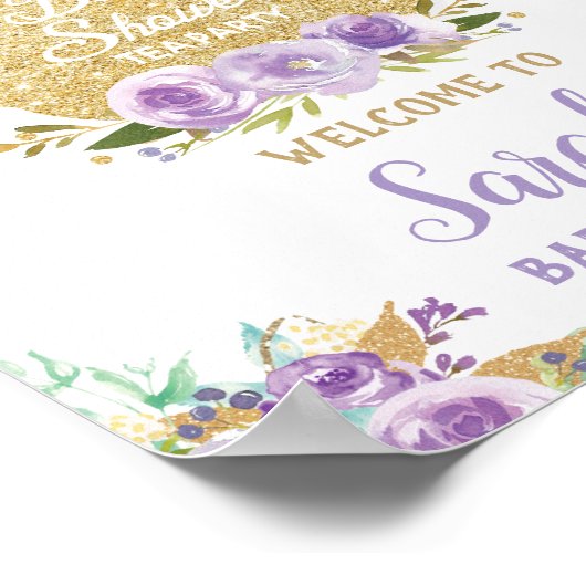 パープルフローラティーパーティーベビーシャワー歓迎サイン ポスター (角)