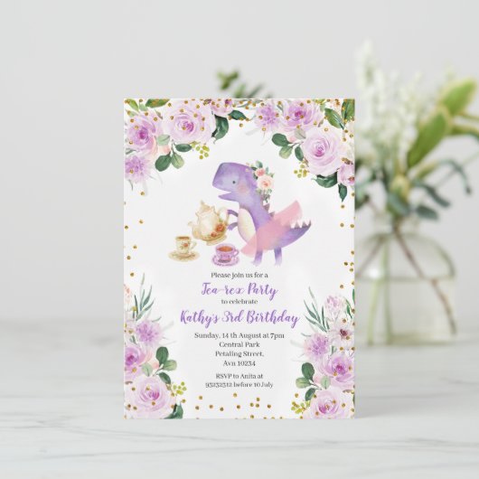 パープルフローラティーパーティー恐竜の3番目の誕生日 招待状 (スタンド正面)