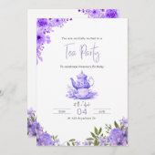 パープルフローラティーパーティー誕生日招待状 招待状 (正面/裏面)