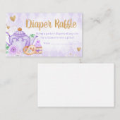 パープルフローラティーパーティー赤ちゃんシャワーおむつラッフル エンクロージャーカード (正面/裏面)