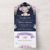 パープルフローラテディベア海軍ブルーベビーシャワー オールインワン招待状 (内側)