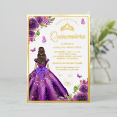 パープルフローラドレスバタフライキンセアニェラ金ゴールド 箔招待状 (立ち正面)