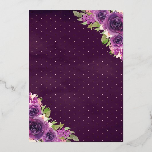 パープルフローラドレスバタフライキンセアニェラ金ゴールド 箔招待状 (裏面)