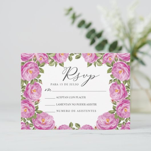 パープルフローラヌエストラボダウェディングスペインのRSVP 招待状 (スタンド正面)