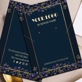 パープルフローラネイビーブルー&金ゴールドネックレスイヤリング 名刺