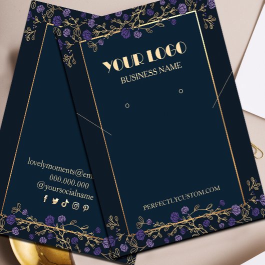 パープルフローラネイビーブルー&金ゴールドネックレスイヤリング 名刺