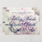 パープルフローラネービースクリプト結婚式招待状 招待状 (正面/裏面)