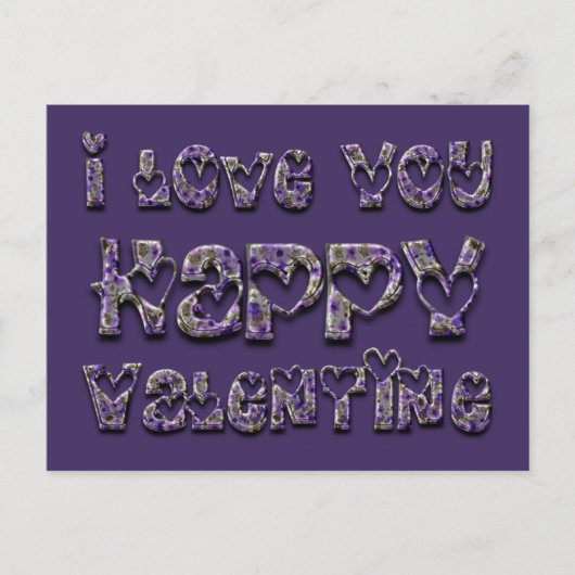 パープルフローラハートタイポグラフィバレンタインラブ シーズンポストカード (正面)
