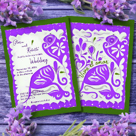 パープルフローラハートパペルピカドメキシ結婚カン 招待状