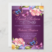 パープルフローラバタフライスウィート16誕生日招待状 招待状 (裏面)