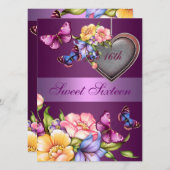 パープルフローラバタフライスウィート16誕生日招待状 招待状 (正面/裏面)