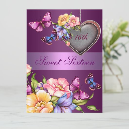 パープルフローラバタフライスウィート16誕生日招待状 招待状 (スタンド正面)