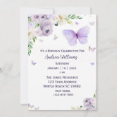 パープルフローラバタフライバースデーパーティー 招待状 (正面)