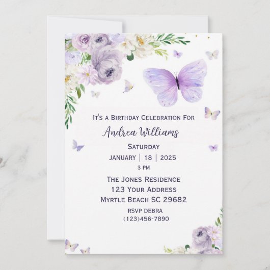 パープルフローラバタフライバースデーパーティー 招待状 (正面)