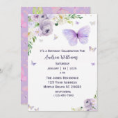 パープルフローラバタフライバースデーパーティー 招待状 (正面/裏面)