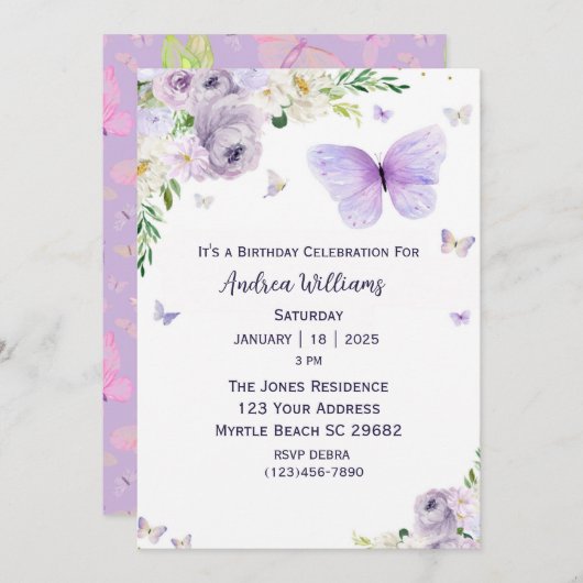 パープルフローラバタフライバースデーパーティー 招待状 (正面/裏面)
